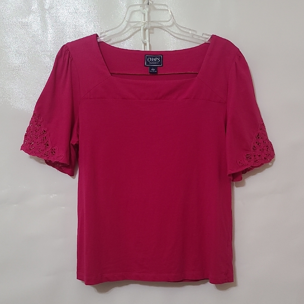 CHAPS CLASSICS Women's Bright Pink Short Sleeve Crimson Lace Dressy Top - Size L